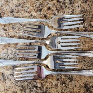 Set Of 6 Vintage 'Queen Bess II' Salad Forks, Tudor Silverplated, Like New